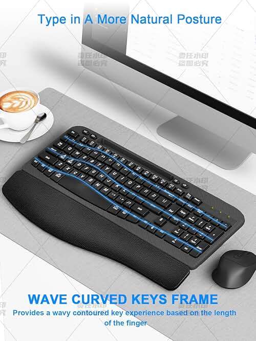 Hayyiesh Ergonomic Wave Keys Wireless Keyboard and Mouse Combo, Full Size with Memory Foam Wrist Rest & Phone Holder, 2.4G Cordless Set with USB-C Adapter for Windows Mac Desktop Laptop (Black) - Image 6