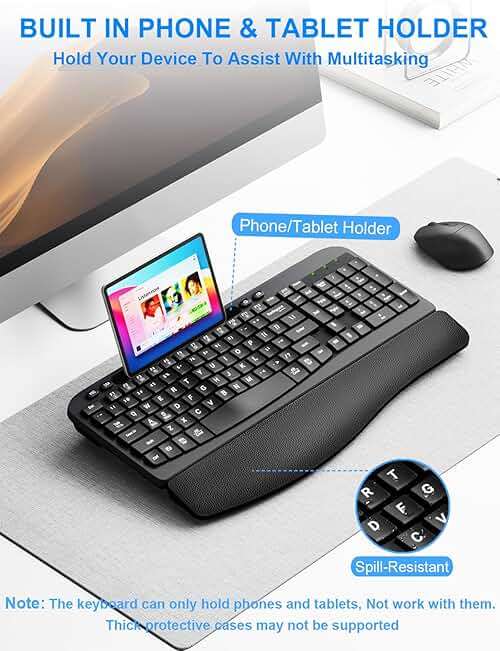 Hayyiesh Ergonomic Wave Keys Wireless Keyboard and Mouse Combo, Full Size with Memory Foam Wrist Rest & Phone Holder, 2.4G Cordless Set with USB-C Adapter for Windows Mac Desktop Laptop (Black) - Image 8