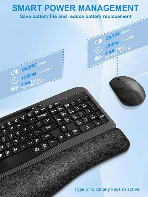 Hayyiesh Ergonomic Wave Keys Wireless Keyboard and Mouse Combo, Full Size with Memory Foam Wrist Rest & Phone Holder, 2.4G Cordless Set with USB-C Adapter for Windows Mac Desktop Laptop (Black) - Image 9