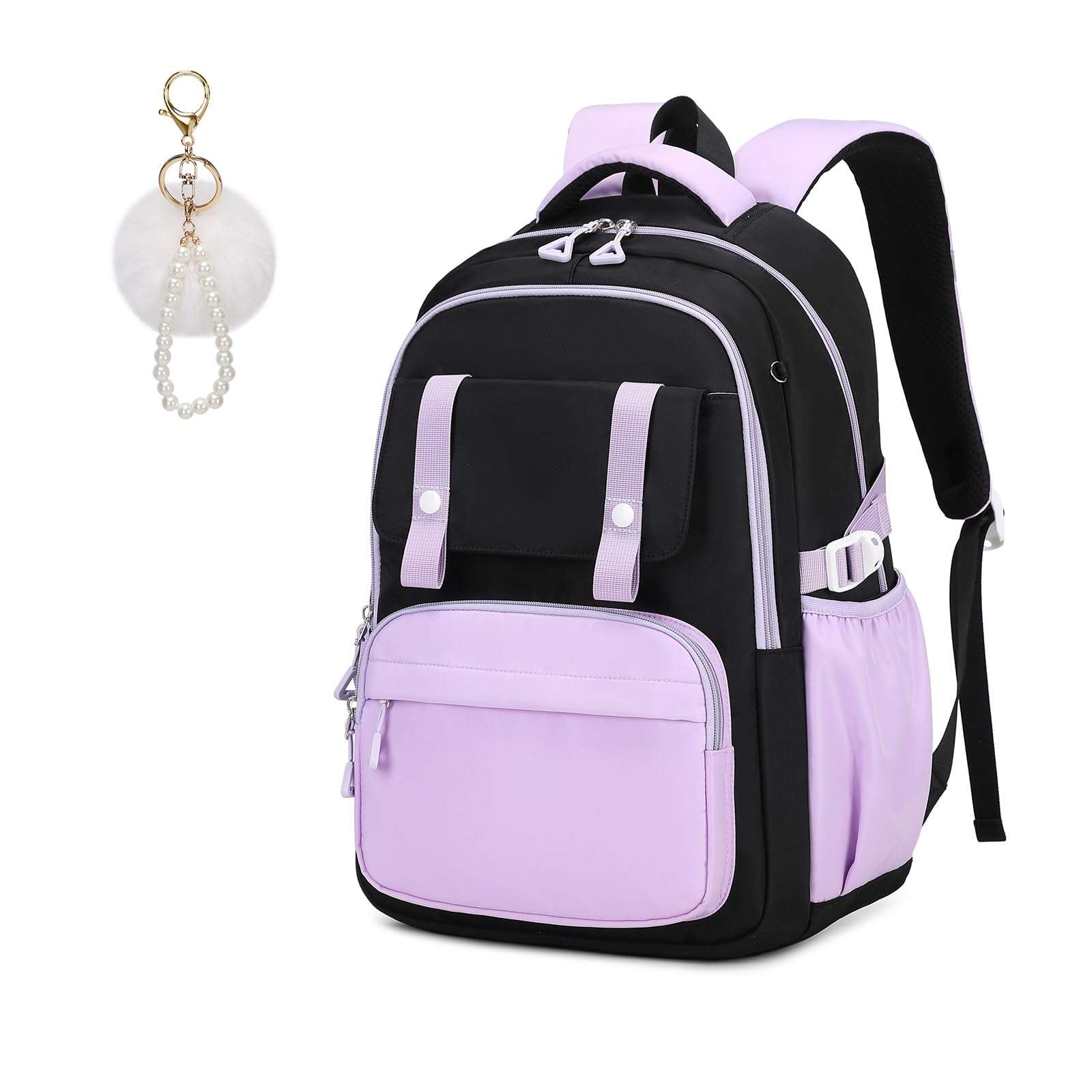 MUSEVOS Girls Backpack, Ideal School Backpack for Girls from Elementary to Teen Years, Kawaii Bookbag Cute Large Capacity (BLACK&PURPLE) - Image 1