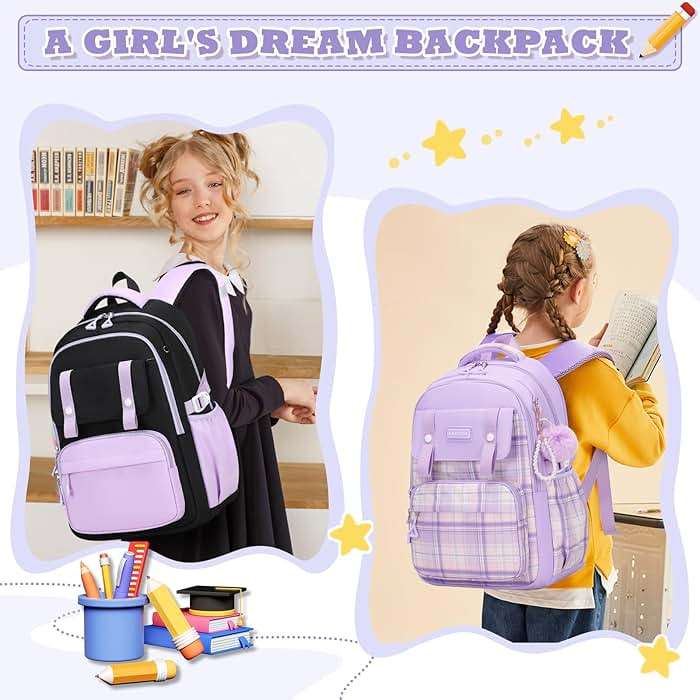 MUSEVOS Girls Backpack, Ideal School Backpack for Girls from Elementary to Teen Years, Kawaii Bookbag Cute Large Capacity (BLACK&PURPLE) - Image 2