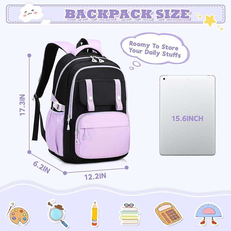 MUSEVOS Girls Backpack, Ideal School Backpack for Girls from Elementary to Teen Years, Kawaii Bookbag Cute Large Capacity (BLACK&PURPLE) - Image 3