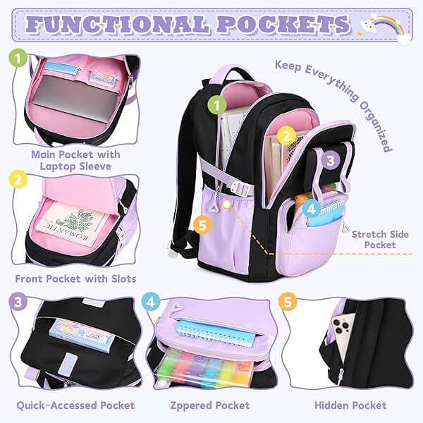 MUSEVOS Girls Backpack, Ideal School Backpack for Girls from Elementary to Teen Years, Kawaii Bookbag Cute Large Capacity (BLACK&PURPLE) - Image 4