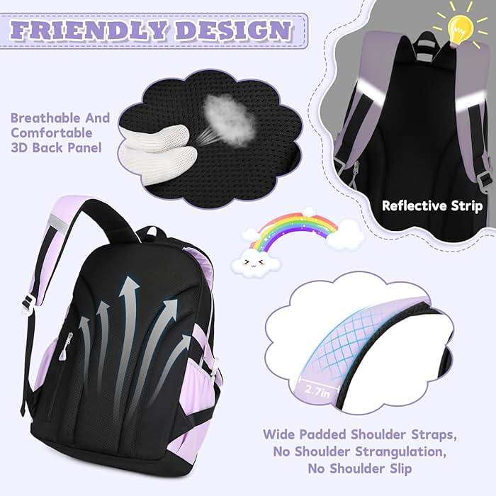MUSEVOS Girls Backpack, Ideal School Backpack for Girls from Elementary to Teen Years, Kawaii Bookbag Cute Large Capacity (BLACK&PURPLE) - Image 5