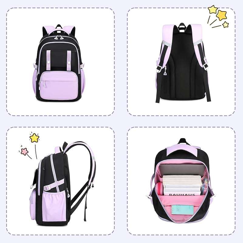 MUSEVOS Girls Backpack, Ideal School Backpack for Girls from Elementary to Teen Years, Kawaii Bookbag Cute Large Capacity (BLACK&PURPLE) - Image 8