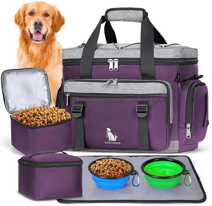 IGOLUMON Dog Travel Bag Large Pet Travel Bags Set for Supplies Weekend Travel Kit Tote Organizer Multi-Pockets Dog Food Travel Bag with 2 Large Food Containers, 2 Dog Bowls, 1 Feeding Mat, Purple - Product Image