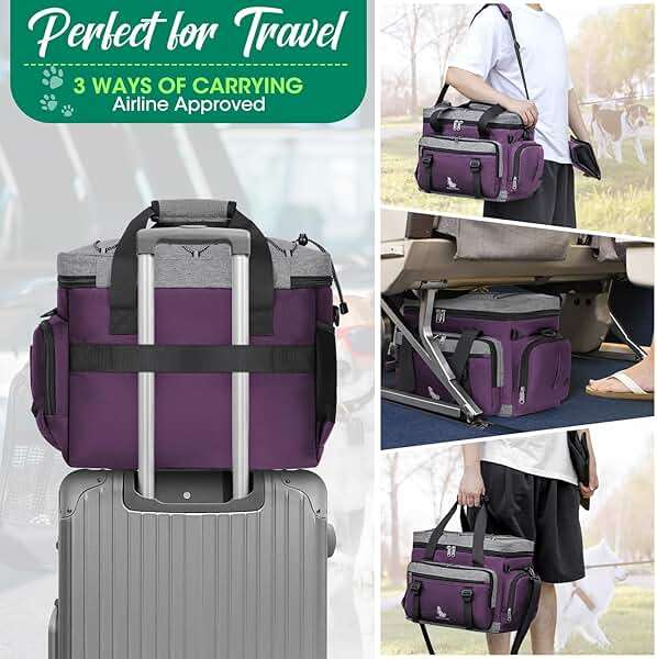 IGOLUMON Dog Travel Bag Large Pet Travel Bags Set for Supplies Weekend Travel Kit Tote Organizer Multi-Pockets Dog Food Travel Bag with 2 Large Food Containers, 2 Dog Bowls, 1 Feeding Mat, Purple - Image 6
