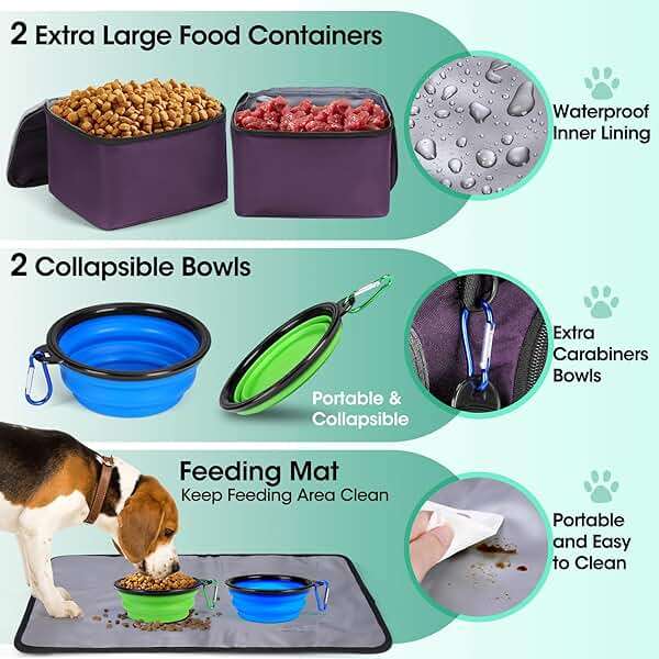 IGOLUMON Dog Travel Bag Large Pet Travel Bags Set for Supplies Weekend Travel Kit Tote Organizer Multi-Pockets Dog Food Travel Bag with 2 Large Food Containers, 2 Dog Bowls, 1 Feeding Mat, Purple - Image 7