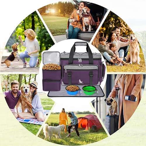 IGOLUMON Dog Travel Bag Large Pet Travel Bags Set for Supplies Weekend Travel Kit Tote Organizer Multi-Pockets Dog Food Travel Bag with 2 Large Food Containers, 2 Dog Bowls, 1 Feeding Mat, Purple - Image 8