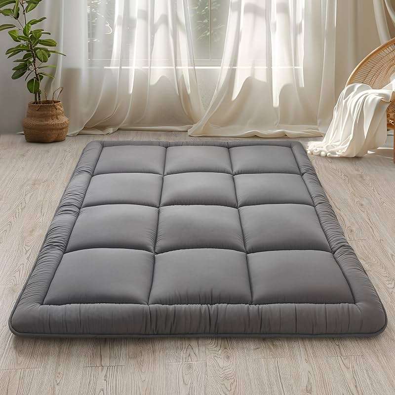 WhatsBedding Japanese Floor Mattress Futon Mattress 3" Grey Tatami Mat Shredded Memory Foam Filled Sleeping Pad, Foldable & Portable Roll Up Lounger Camping Bed for Kids and Adult,Full Size 54"x 80" - Image 1