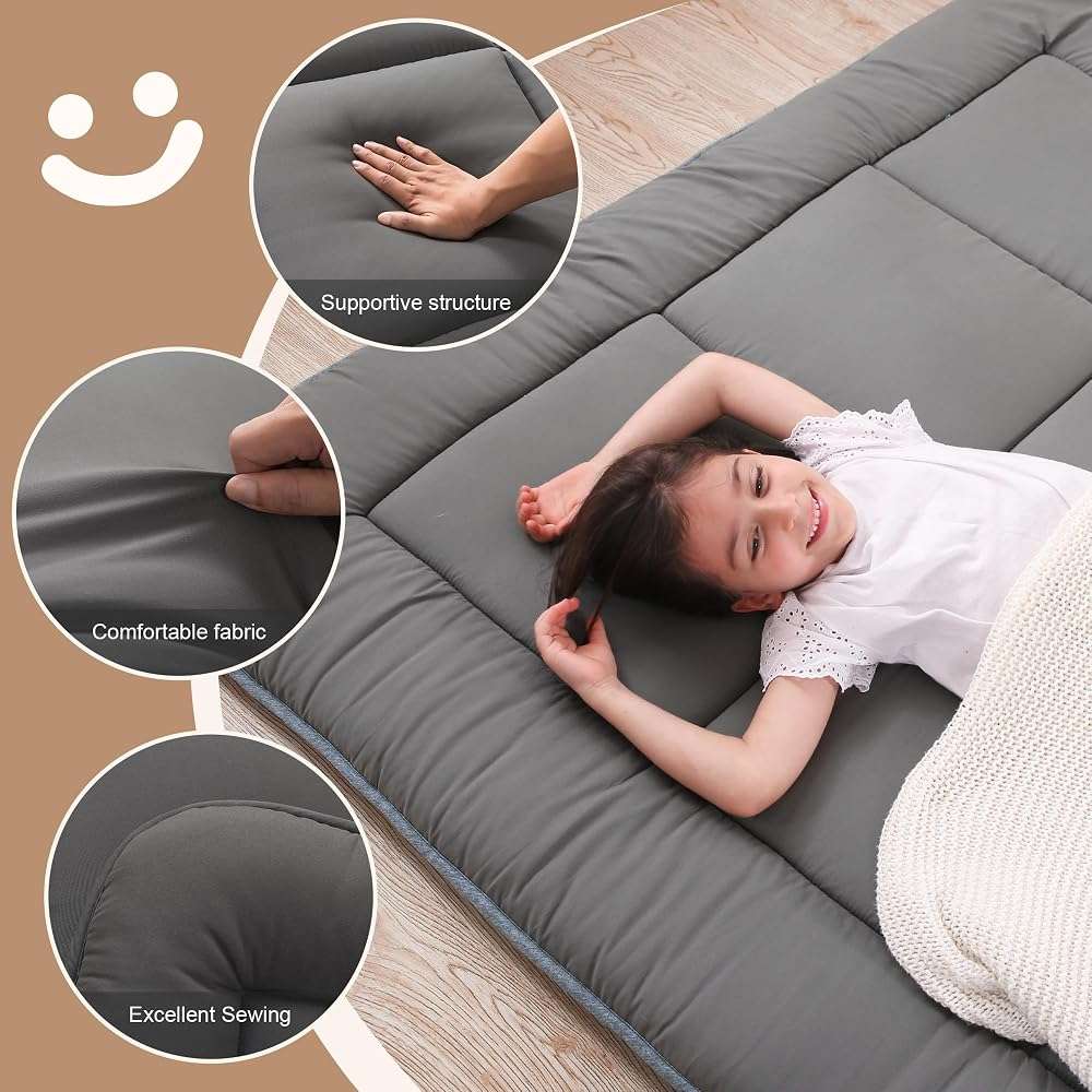 WhatsBedding Japanese Floor Mattress Futon Mattress 3" Grey Tatami Mat Shredded Memory Foam Filled Sleeping Pad, Foldable & Portable Roll Up Lounger Camping Bed for Kids and Adult,Full Size 54"x 80" - Image 2
