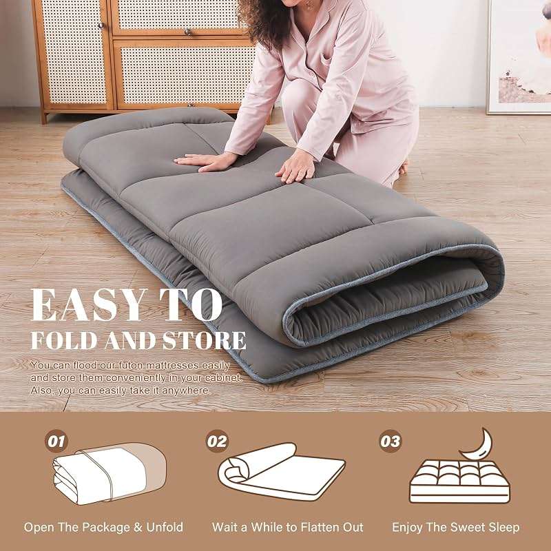 WhatsBedding Japanese Floor Mattress Futon Mattress 3" Grey Tatami Mat Shredded Memory Foam Filled Sleeping Pad, Foldable & Portable Roll Up Lounger Camping Bed for Kids and Adult,Full Size 54"x 80" - Image 5