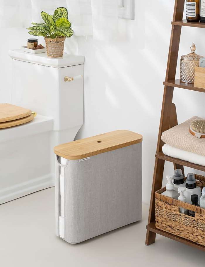 StorageWorks Large Toilet Paper Storage with Bamboo Lid, Toilet Paper Holder Basket for Up to 12 Mega or 16 Regular Size Rolls, Paper Storage Baskets for Bathroom, Grey, 1 Pack - Image 2