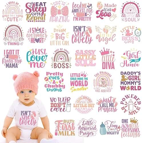Dazoratix Baby Iron on Transfers - 30 Pcs Pink Ready to Press Heat Transfer Vinyl Stickers Onesie Decorating Kit Bodysuit Patches for Girl Shower Gender Reveal Party T-Shirts Hat DIY Crafts - Product Image