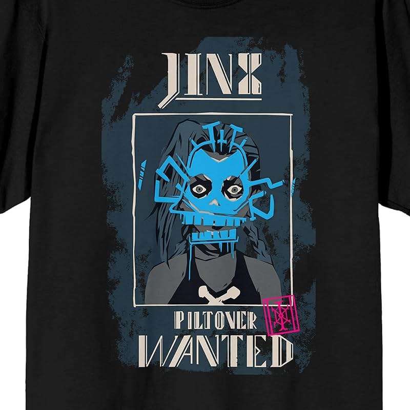 League of Legends Arcane Puff Print Jinx Wanted Poster Adult Black Crew Neck Short Sleeve T-Shirt - Image 2