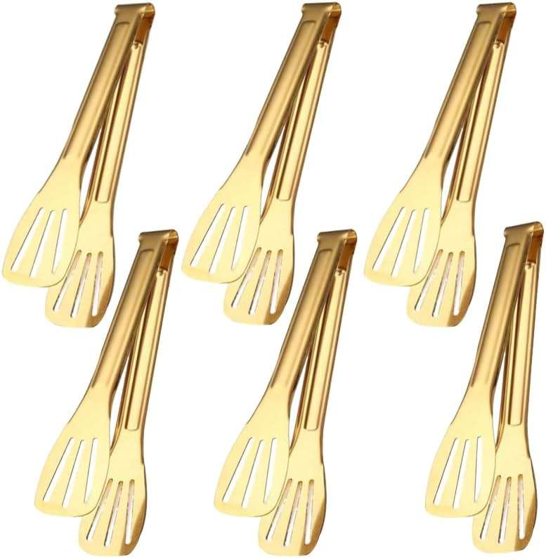 6 Pack Serving Tongs Kitchen Tong, 7 Inch Gold Buffet Tongs, Stainless Steel Food Tong Small Tong, Serving Tong for Buffet, Party, Salad, Appetizers - Image 1