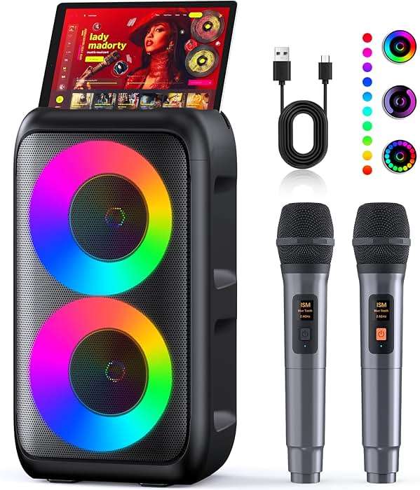 Karaoke Machine for Adults Kids, Portable Bluetooth Speaker with 2 Wireless Microphones, TWS Mode & LED Light, 10H Battery PA System, Home Party Outdoor Camping Birthday (2 Mics) - Image 2