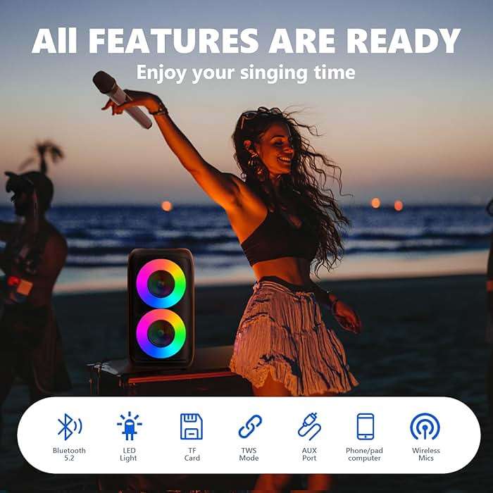 Karaoke Machine for Adults Kids, Portable Bluetooth Speaker with 2 Wireless Microphones, TWS Mode & LED Light, 10H Battery PA System, Home Party Outdoor Camping Birthday (2 Mics) - Image 4