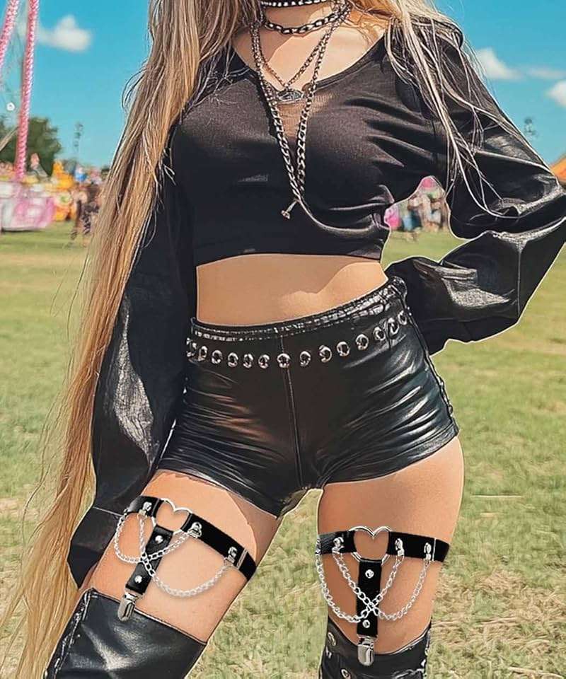 Lorealri Thigh High Garter Belt Adjustable Rock Heart Gothic Leg Suspender Belts Rave Party Thigh Lingerie for Women(2 PCs) - Image 2