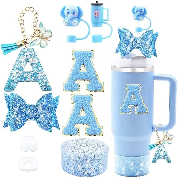 Liangang 9PCS Cup Accessories Set For Stanley 30oz 40oz,Including 2PCS Stanley Straw Cover and Boot,Spill Proof Stopper,Handle Charm,Bow straw,2PCS Sticker Letter (Letter A) - Product Image