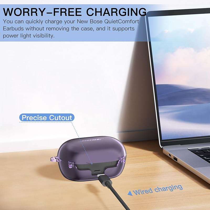 Secure Lock Case for New Bose QuietComfort Earbuds Case(2024), Clear TPU Shockproof Protective Cover for Bose QuietComfort Earbuds 2024 with Cleaning Kit& Keychain&Lanyard (Clear Purple) - Image 3