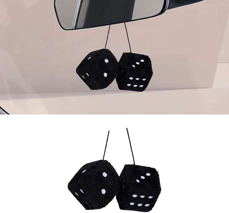 Couslcd Pair Fuzzy Plush Dice, Retro Square Car Mirror Hanging, Universal Auto Rearview Mirror Ornament, Couple Pendant Charms, Car Accessories for Women (Black) - Image 1