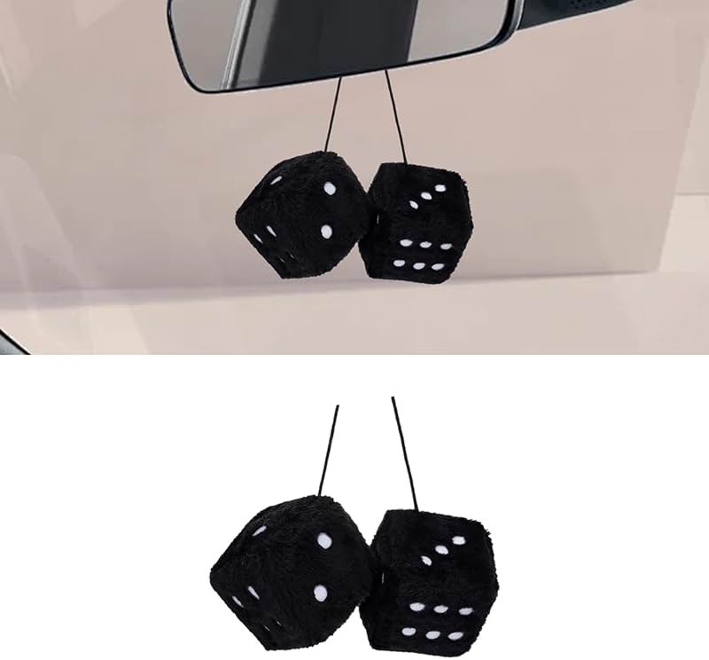 Couslcd Pair Fuzzy Plush Dice, Retro Square Car Mirror Hanging, Universal Auto Rearview Mirror Ornament, Couple Pendant Charms, Car Accessories for Women (Black) - Product Image