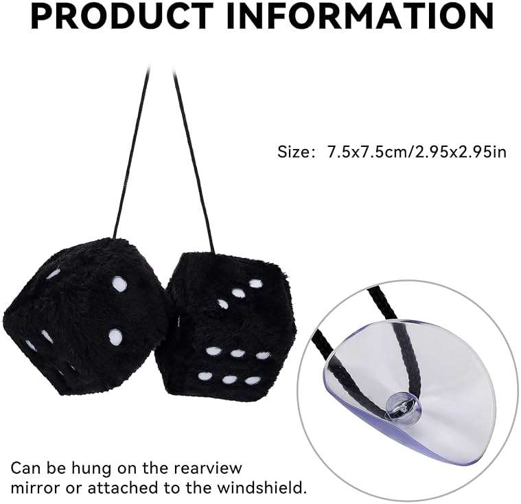 Couslcd Pair Fuzzy Plush Dice, Retro Square Car Mirror Hanging, Universal Auto Rearview Mirror Ornament, Couple Pendant Charms, Car Accessories for Women (Black) - Image 2