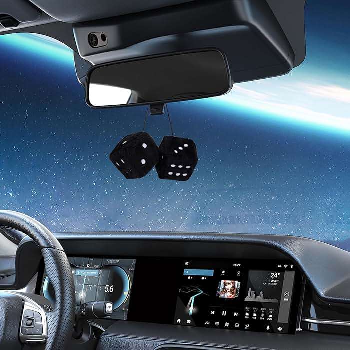 Couslcd Pair Fuzzy Plush Dice, Retro Square Car Mirror Hanging, Universal Auto Rearview Mirror Ornament, Couple Pendant Charms, Car Accessories for Women (Black) - Image 5