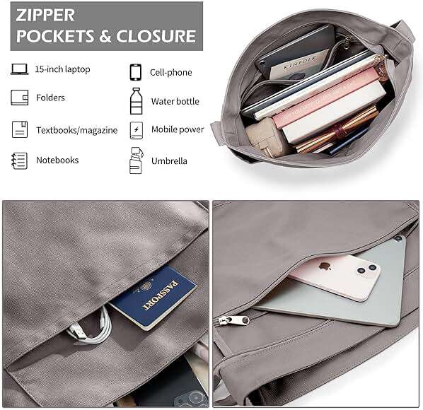 KALIDI Canvas Tote Bag Large Hobo Crossbody Shoulder Handbag Zipper Messenger Bag for Women or Men Casual College Work - Image 6