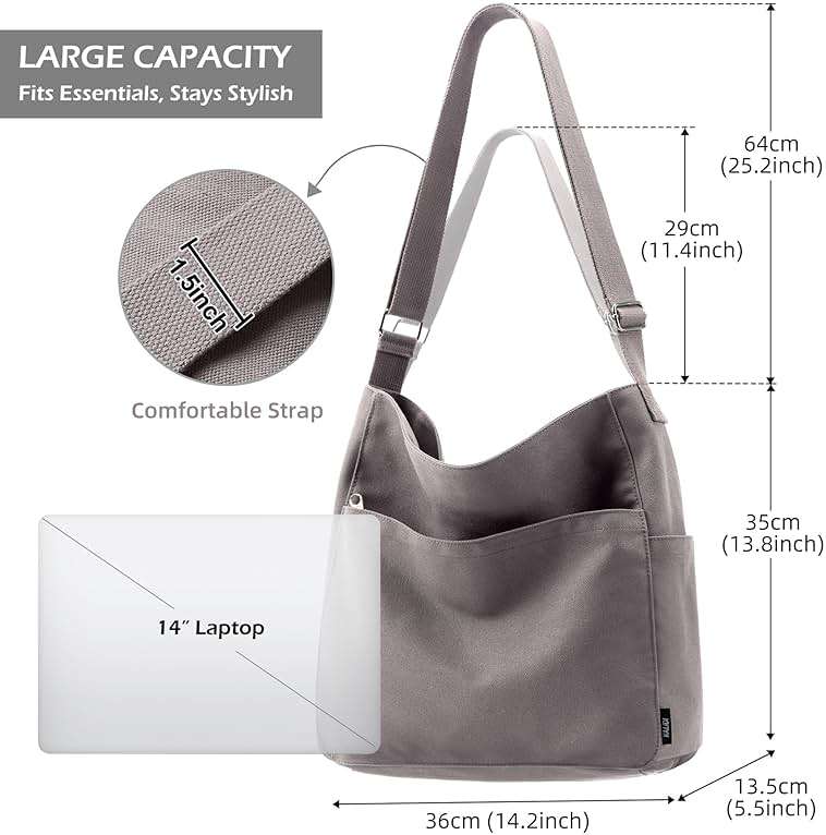 KALIDI Canvas Tote Bag Large Hobo Crossbody Shoulder Handbag Zipper Messenger Bag for Women or Men Casual College Work - Image 7