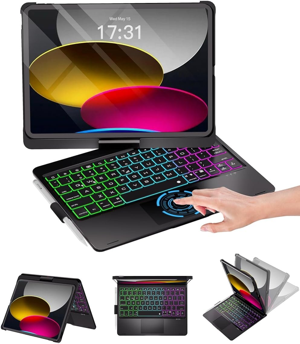 Baisla iPad 10th Generation Case with Keyboard 10.9" & iPad 11th (A16) & iPad Air 11 (M4/M3/M2), Multi Trackpad, 360 Swivel & Rainbow Backlit for iPad Air 5th/4th,iPad Pro 11 4th/3rd/2nd/1st - Black - Product Image