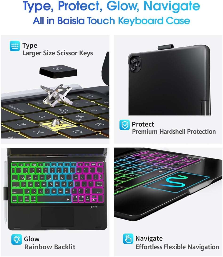 Baisla iPad 10th Generation Case with Keyboard 10.9" & iPad 11th (A16) & iPad Air 11 (M4/M3/M2), Multi Trackpad, 360 Swivel & Rainbow Backlit for iPad Air 5th/4th,iPad Pro 11 4th/3rd/2nd/1st - Black - Image 2