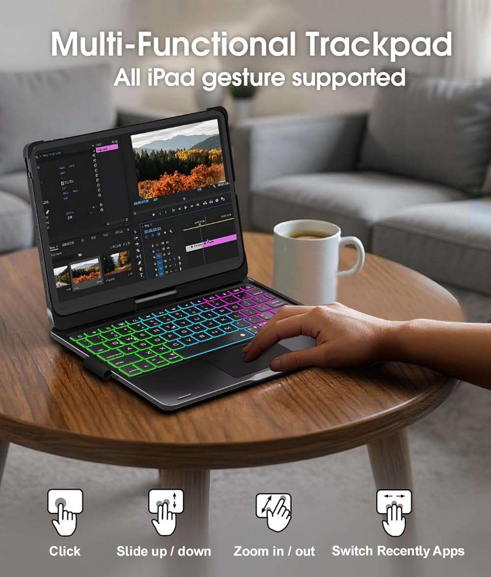 Baisla iPad 10th Generation Case with Keyboard 10.9" & iPad 11th (A16) & iPad Air 11 (M4/M3/M2), Multi Trackpad, 360 Swivel & Rainbow Backlit for iPad Air 5th/4th,iPad Pro 11 4th/3rd/2nd/1st - Black - Image 4