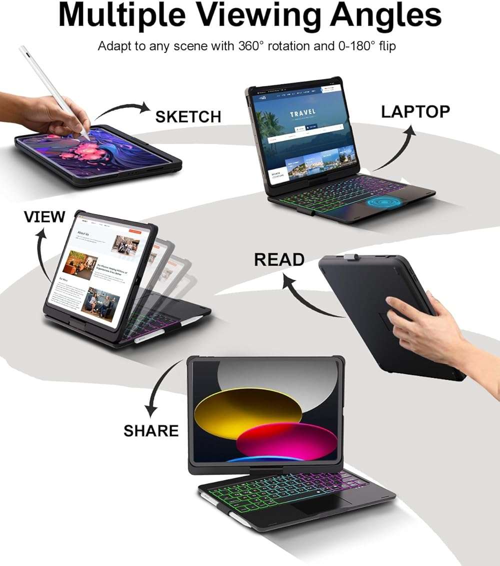 Baisla iPad 10th Generation Case with Keyboard 10.9" & iPad 11th (A16) & iPad Air 11 (M4/M3/M2), Multi Trackpad, 360 Swivel & Rainbow Backlit for iPad Air 5th/4th,iPad Pro 11 4th/3rd/2nd/1st - Black - Image 5