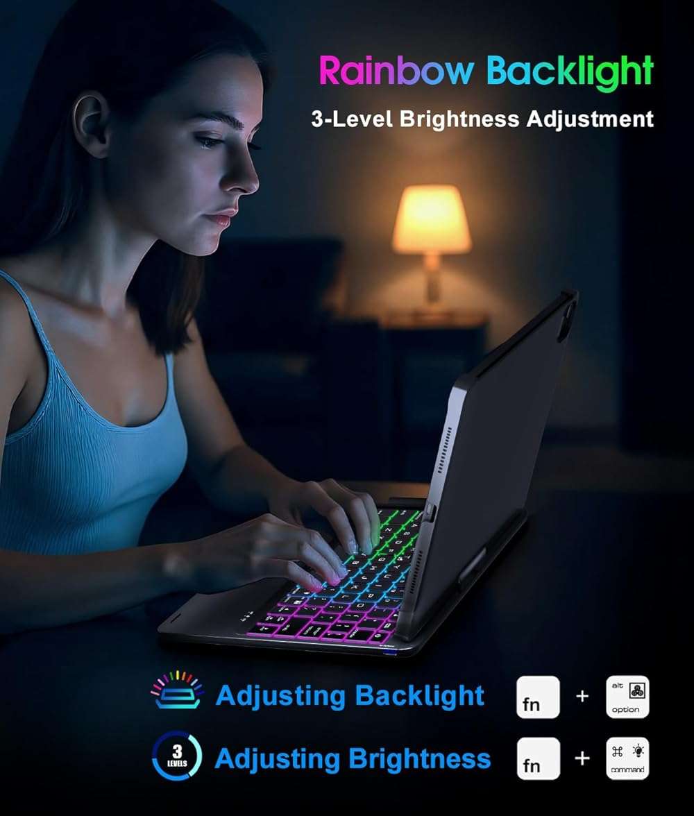 Baisla iPad 10th Generation Case with Keyboard 10.9" & iPad 11th (A16) & iPad Air 11 (M4/M3/M2), Multi Trackpad, 360 Swivel & Rainbow Backlit for iPad Air 5th/4th,iPad Pro 11 4th/3rd/2nd/1st - Black - Image 7