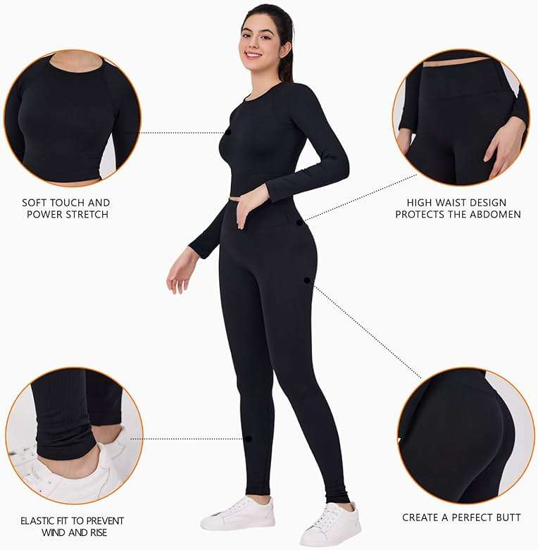 LILISEN Women's Long Sleeve Workout Set - Leggings Sets Women 2 Piece Outfits - Workout Set Long Sleeve - Image 2