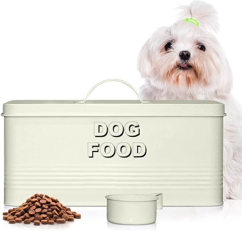 Plexon Metal Dog Food Storage Container with Scoop - Small Dog Food Container 10lbs Holder Treat Jar Bin with Lid - Pet Chow Storage Canister Tin, 2 Gallon, Off-White - Product Image
