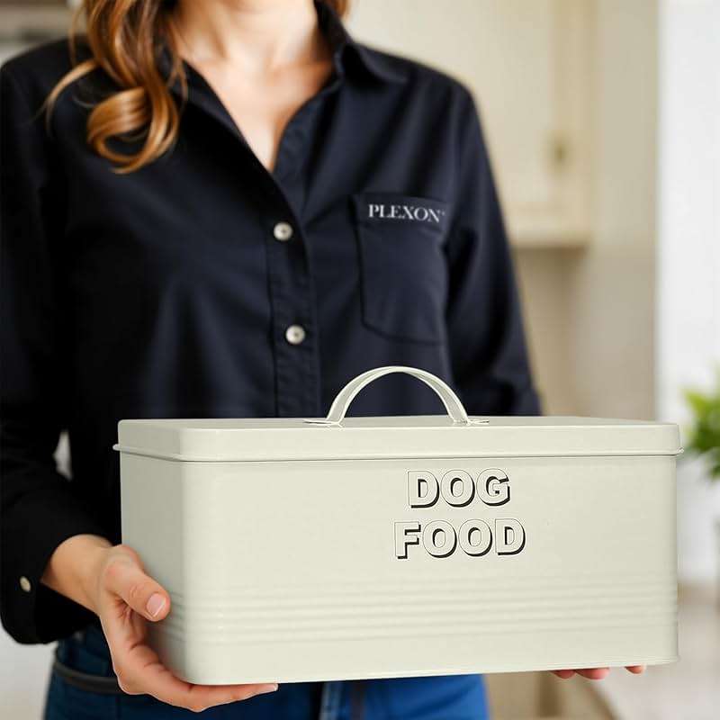Plexon Metal Dog Food Storage Container with Scoop - Small Dog Food Container 10lbs Holder Treat Jar Bin with Lid - Pet Chow Storage Canister Tin, 2 Gallon, Off-White - Image 2