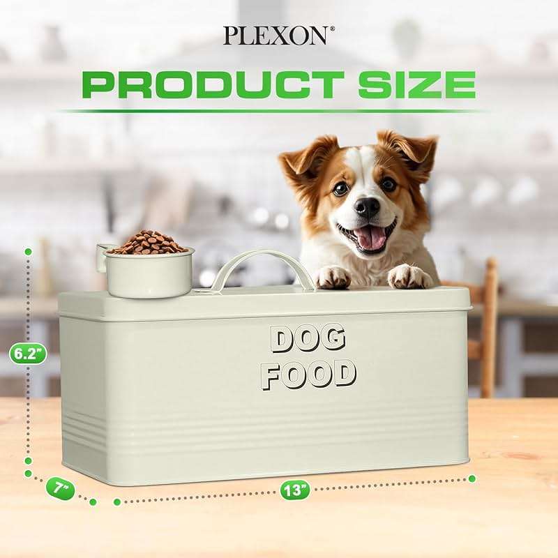 Plexon Metal Dog Food Storage Container with Scoop - Small Dog Food Container 10lbs Holder Treat Jar Bin with Lid - Pet Chow Storage Canister Tin, 2 Gallon, Off-White - Image 3