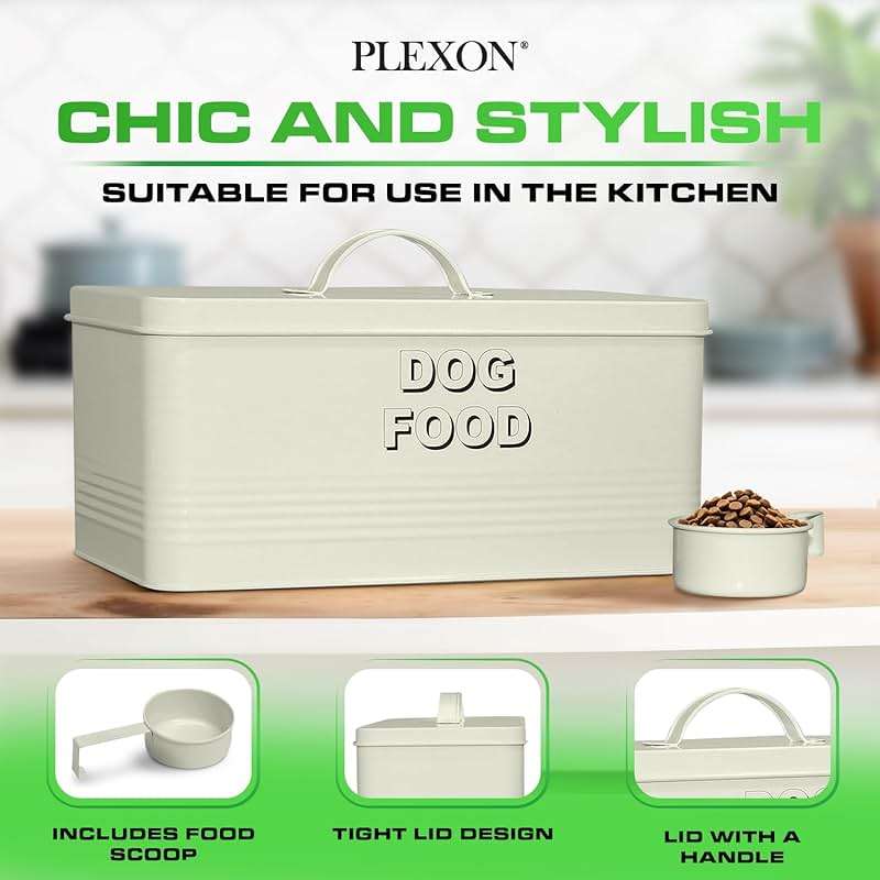 Plexon Metal Dog Food Storage Container with Scoop - Small Dog Food Container 10lbs Holder Treat Jar Bin with Lid - Pet Chow Storage Canister Tin, 2 Gallon, Off-White - Image 4