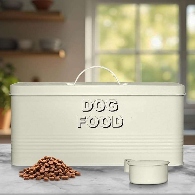 Plexon Metal Dog Food Storage Container with Scoop - Small Dog Food Container 10lbs Holder Treat Jar Bin with Lid - Pet Chow Storage Canister Tin, 2 Gallon, Off-White - Image 8