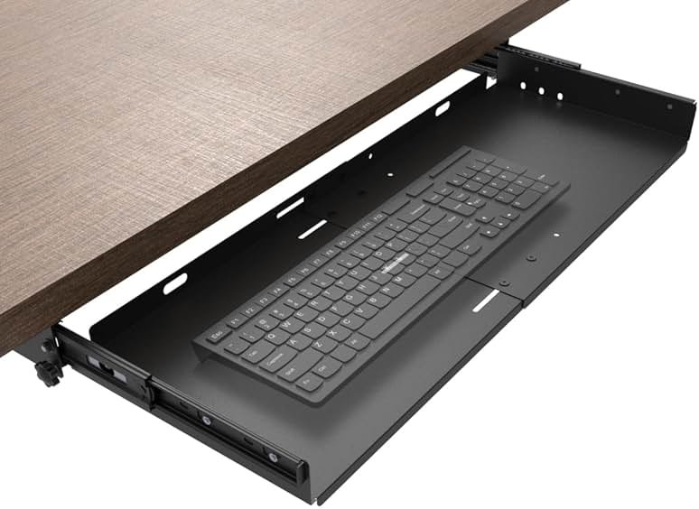 JINGCHENGMEI Sliding Keyboard Tray Under Desk, Pull-Out Keyboard and Mouse Tray, 27 x 9.8 inches Large Platform Slide-Out Computer Drawer for Typing, Metal, Black - Product Image