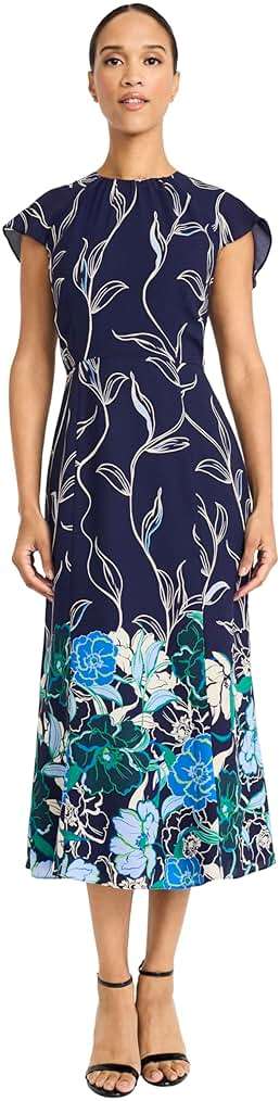 Maggy London Women's Women's Floral Print Flutter Sleeve High Neck A-line - Elegant Midi Cocktail Dress - Image 1