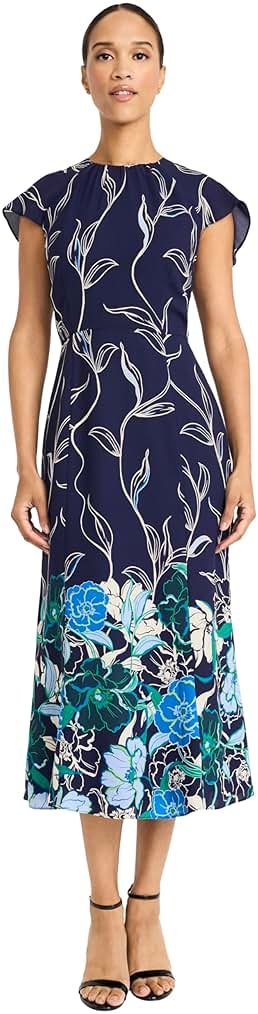 Maggy London Women's Women's Floral Print Flutter Sleeve High Neck A-line - Elegant Midi Cocktail Dress - Product Image
