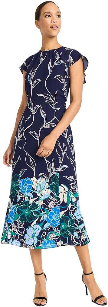 Maggy London Women's Women's Floral Print Flutter Sleeve High Neck A-line - Elegant Midi Cocktail Dress - Image 2