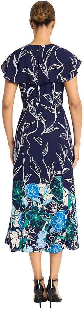 Maggy London Women's Women's Floral Print Flutter Sleeve High Neck A-line - Elegant Midi Cocktail Dress - Image 3