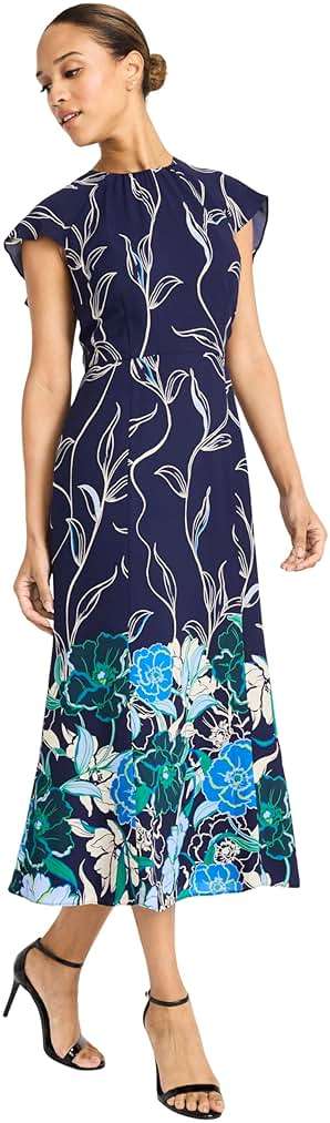 Maggy London Women's Women's Floral Print Flutter Sleeve High Neck A-line - Elegant Midi Cocktail Dress - Image 4