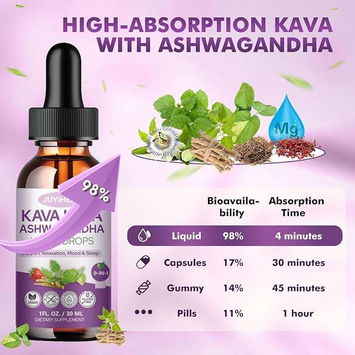 JUYIHEAL 7-in-1 Kava Kava Root Extract Supplement, High Concentration Kava with Ashwagandha, Lemon Balm, Valerian Root, Magnesium for Relaxation, Cognitive Support and Immune System, 1 Fl Oz, 2Pack - Image 6