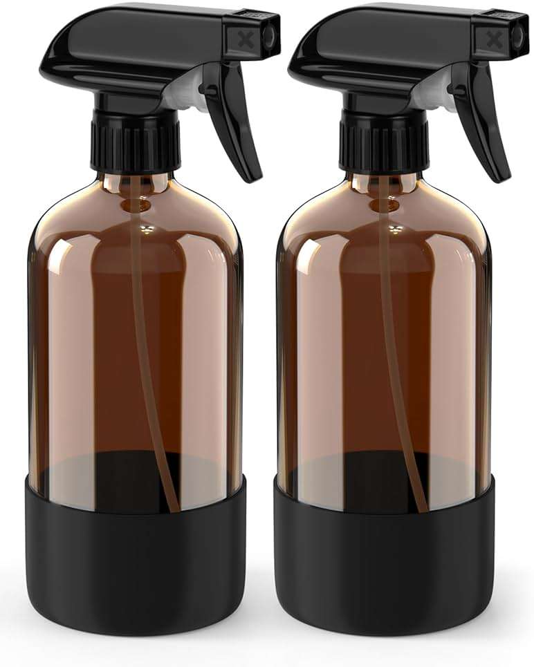 Bontip Glass Spray Bottle with Silicone Sleeve Protection, Amber Glass Spray Bottle Set for Window Cleaner Aromatherapy Facial Hydration Watering Flowers Hair Care 2 Pack/16 oz (Black) - Image 1